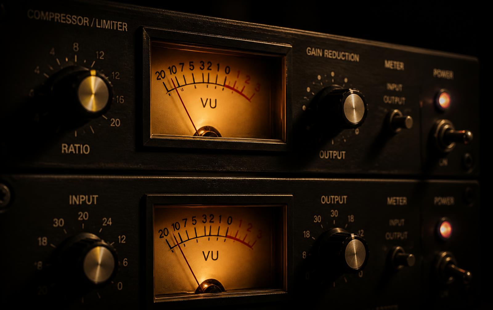Close-up of analog mastering rack gear with glowing amber VU meters